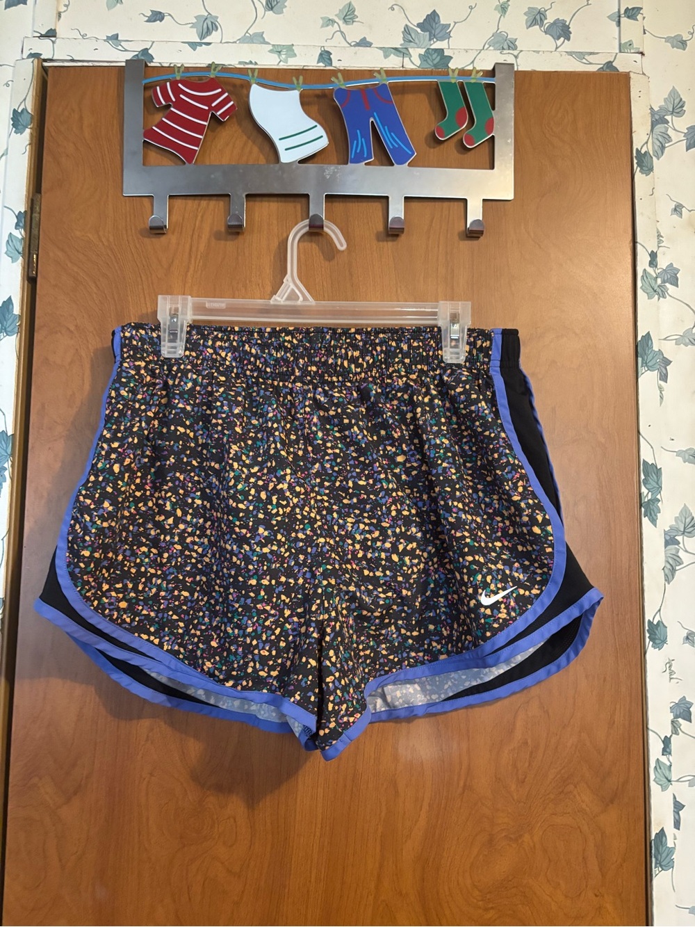 E-1 Nike Black Multicolor Confetti Athletic Shorts with Purple Trim